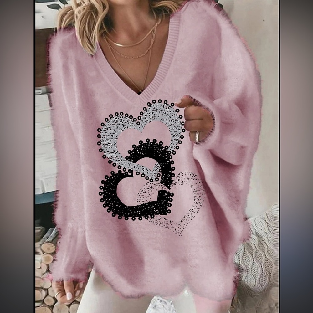 NWOT Valentine Pink Heart Sweater Cozy Oversized Fluffy Knit Cute Pullover